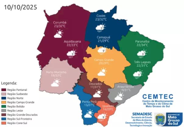 Sexta-feira será de sol entre nuvens, mas com possibilidade de chuva em MS