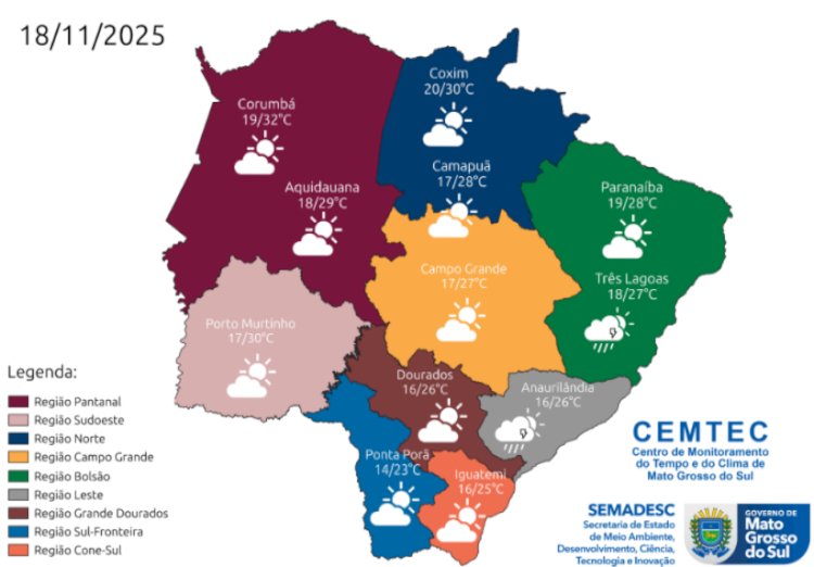 Chuvas se afastam e terça-feira será de tempo quente e seco em MS
