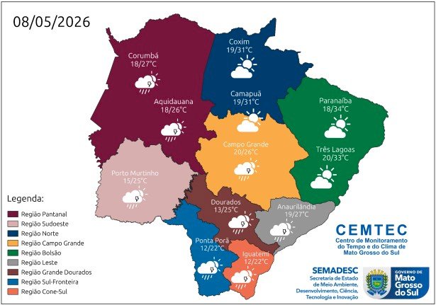 Com possibilidade de chuva, MS tem previsão de tempo instável nesta sexta-feira